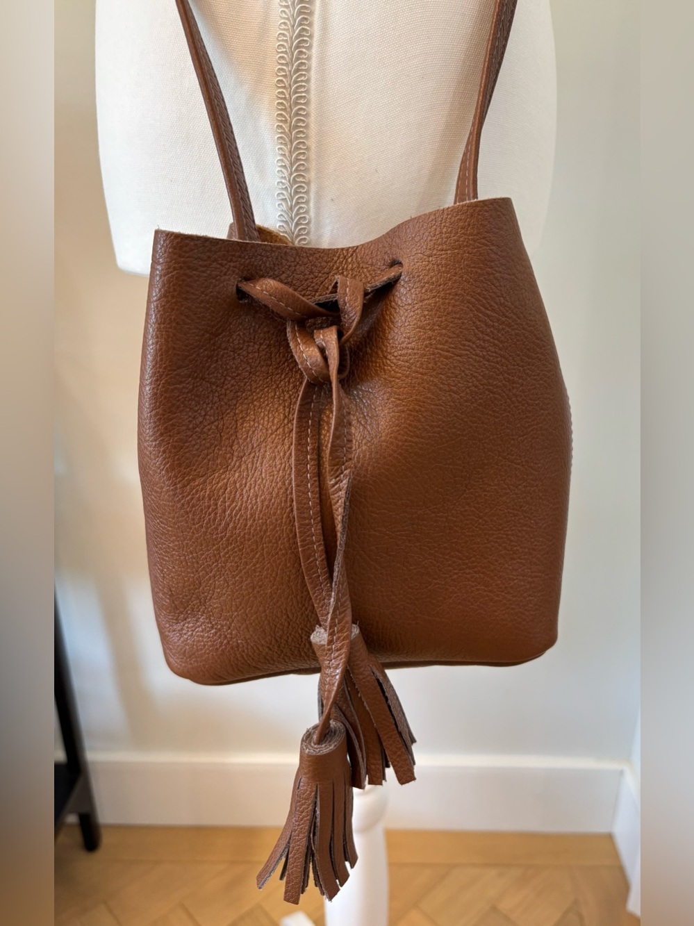 Shaffer LA Leather Mini Greta Bucket Bag, Brown, Cognac, Crossbody Strap